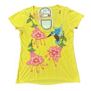 Joystick Hand Stitched Embroidery Hummingbird Yellow Shirt Women's Small